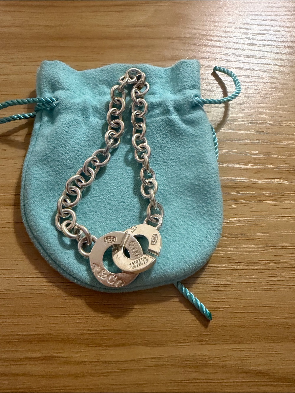 Silver Link Bracelet with Interlocking Circle Charms - Turquoise Accent